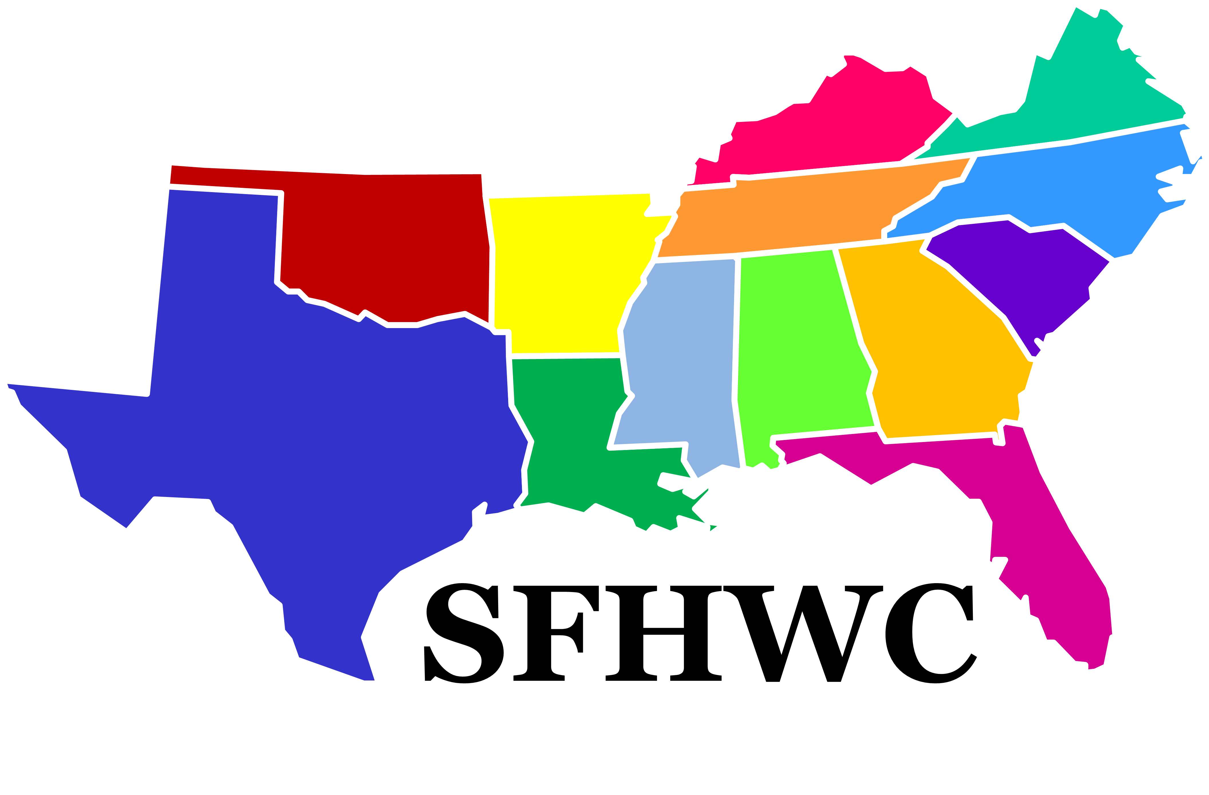 Home link and SFHWC (Southern Forest Health Work Conference) logo. The imagine is a map of the US southeastern states, including (from left to right, working down, as feasible): Texas, Oklahoma, Arkansas, Louisiana, Kentucky, Tennessee, Mississippi, Alabama, Virginia, North Carolina, South Carolina, Georgia, and Florida. Each state is a different color. Underneath the map, where the Gulf of Mexico would be, are the all-caps letter "SFHWC."